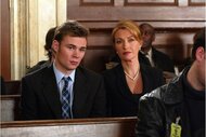 Aideen Connor (Patrick Flueger) and Debra Connor (Jane Seymour) sit in a courtroom.