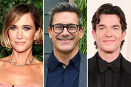 A split of Kristen Wiig, Jon Hamm and John Mulaney