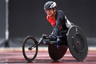 Wakako Tsuchida crosses the finish line during the 2020 Paralympic Games