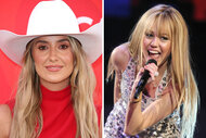 Split of Lainey Wilson and Miley Cyrus dressed as Hannah Montana