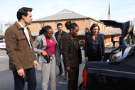 Detective Mark Trent (Brett Dalton), Detective Shaker (Anisa Nyell Johnson), Dahn (Karan Oberoi), Gabi (Shanola Hampton), and Margaret (Kelli Williams) inspect the trunk of a car