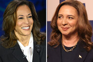 A split of Kamala Harris and Maya Rudolph as Kamala Harris in Saturday night live season 50 Episode 1