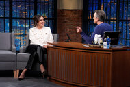 Mariska Hargitay sits during an interview with seth meyers on late night with seth meyers season 12 episode 7