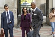 ADA Nolan Price (Hugh Dancy, ADA Samantha Maroun (Odelya Halevi), and Det. Jalen Shaw (Mehcad Brooks) walk and talk in suits in Law & Order Episode 24005.