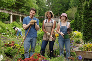 Brett, Catherine and Alice stand in a large garden on Grosse Pointe Garden Society Season 1 Episode 1