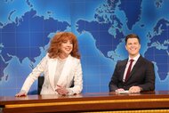 Reba McEntire (Heidi Gardner) and anchor Colin Jost smile during Weekend Update.