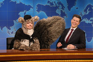 Sarah Sherman dressed as a squirrel and Colin Jost during weekend update on SNL Season 50 Episode 7