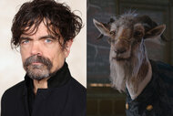 A split of Peter Dinklage and, his character, Dr. Dillamond in WICKED.