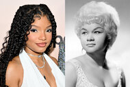 A split featuring Halle Bailey and Etta James.