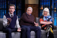 Josh Meyers, Larry Meyers, and Hilary Meyers appear on Late Night with Seth Meyers on November 28, 2024.