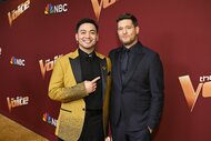 Sofronio Vasquez smiles and points at Coach Michael Bublé on The Voice Episode 2619B.