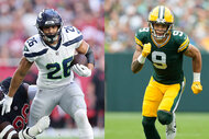 A split featuring Zach Charbonnet #26 of the Seattle Seahawks and Christian Watson #9 of the Green Bay Packers.