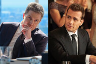 A split featuring Ted Black (Stephen Amell) in Suits: L.A. Episode 101 and Harvey Specter (Gabriel Macht) in Suits Episode 812,