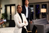 Gabi Mosely (Shanola Hampton) and Detective Mark Trent (Brett Dalton) stand in a living room on Found Episode 209.