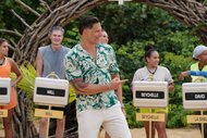 Joe Manganiello smiles and points on Deal or No Deal Island Episode 204.