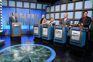 Will Ferrell and other cast members during a celebrity Jeopardy sketch on Saturday Night Live's 40th Anniversary Special