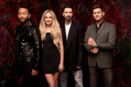 The coaches pose together in front of a dark red backdrop for The Voice Season 27