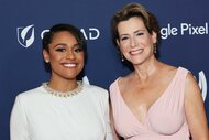 Ariana DeBose and partner Sue Makkoo smiling at the 33rd Annual GLAAD Media Awards.