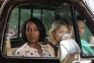 Catherine, Alice, and Brett sitting in a car in Grosse Pointe Garden Society Season 1, Episode 1.