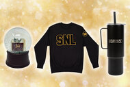 A snowglobe, sweatshirt and water bottle celebrating Saturday Night Live Season 50