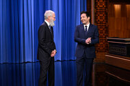 David Letterman joins Jimmy Fallon on stage during his monologue on The Tonight Show Starring Jimmy Fallon Season 12, Episode 69