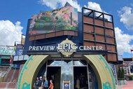 The outside of the Preview Center from Universal Orlando Resort's Epic Universe.