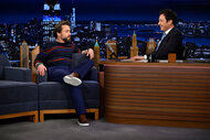 Kieran Culkin sits during an interview with jimmy fallon on the tonight show starring jimmy fallon season 12 episode 68