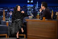 Gal Gadot talking with Jimmy Fallon during The Tonight Show Starring Jimmy Fallon Season 12, Episode 18.