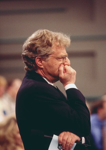 Side profile of Jerry Springer on set of The Jerry Springer Show.