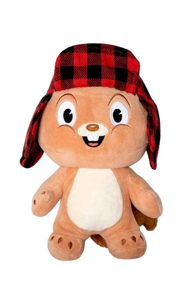 An Earl the Squirrel plush toy wearing a red plaid hat.