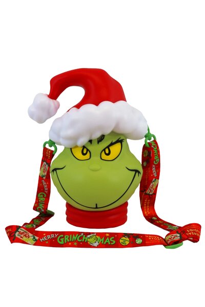 Grinch Santa Popcorn Bucket with a red strap.