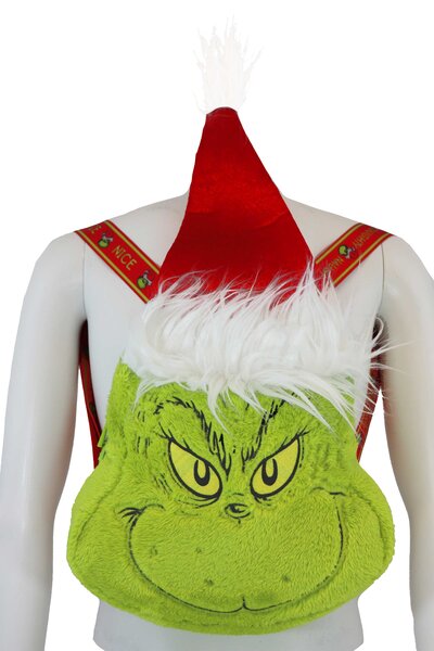 A Grinch Santa backpack with red straps.