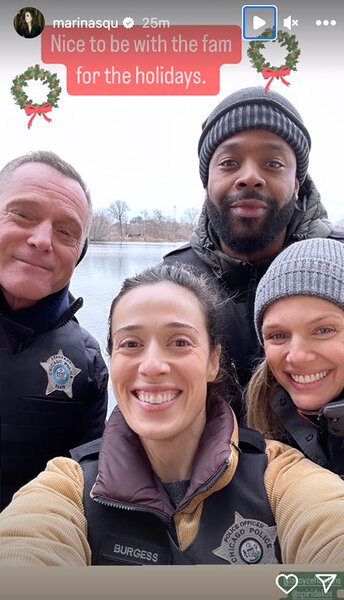 Jason Beghe, LaRoyce Hawkins, Tracy Spiridakos, and Marina Squerciati take a selfie together on set