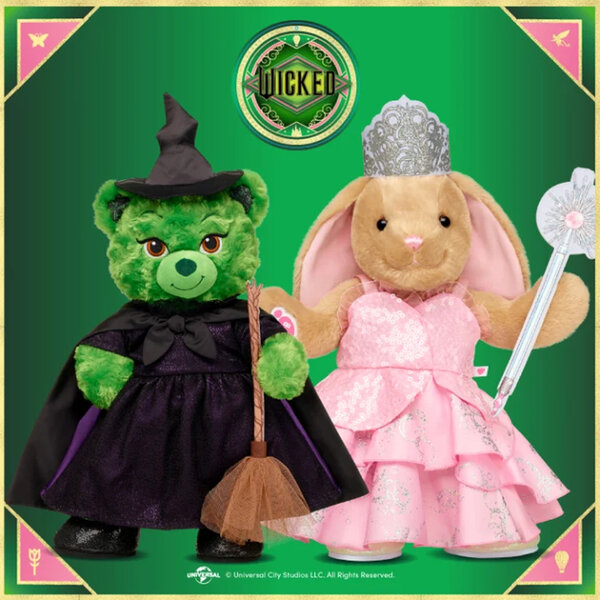 A green bear and bunny stuffed animals wearing costumes from wicked for Build-A-bear