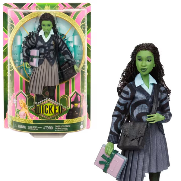 A doll of Elphaba at Shiz University with accessories by Mattel