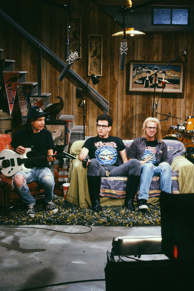 Tom Hanks during a waynes world sketch on Saturday Night Live