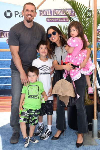 Steve Howey and Sarah Shahi, daughter Violet Moon Howey and sons William Wolf Howey and Knox Blue Howey attend the World Premiere of 'Hotel Transylvania 3: Summer Vacation'