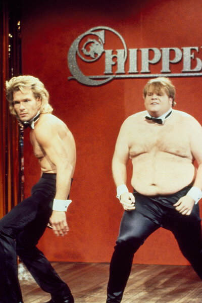 Patrick Swayze and Chris Farley are shirtless during a sketch on Saturday Night Live Season 16 Episode 4.