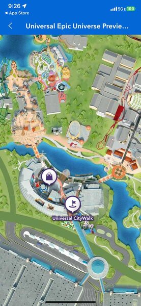 The Epic Universe digital map with buildings in the Universal Orlando Resort App.