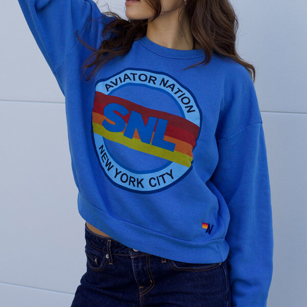 Blue "SNL" Aviator Nation sweatshirt.