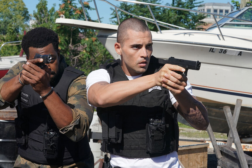 Pictured: (l-r) LaRoyce Hawkins as Kevin Atwater, Benjamin Levy Aguilar as Dante Torres