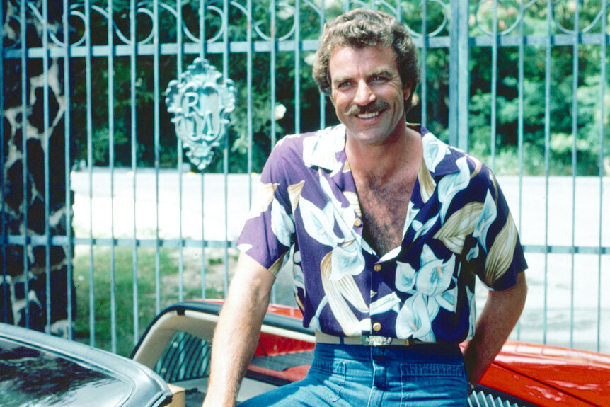 Tom Selleck as the titular investigator in the television series 'Magnum, P.I.'