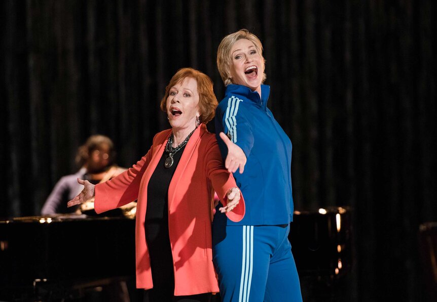 Carol Burnett and Jane Lynch on the set of Glee.