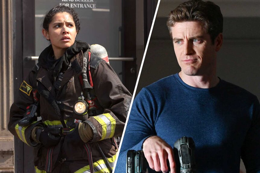 Split image of Stella Kidd (Miranda Rae Mayo) and Carver (Jake Lockett) from Chicago Fire.