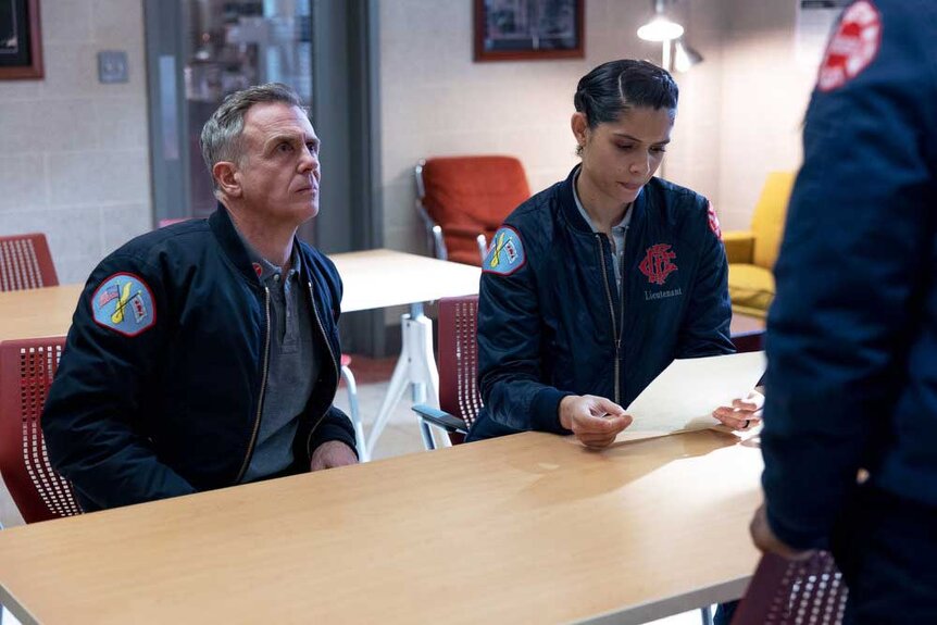 Christopher Herrmann (David Eigenberg) and Stella Kidd (Miranda Rae Mayo) appear in a scene from Chicago Fire.