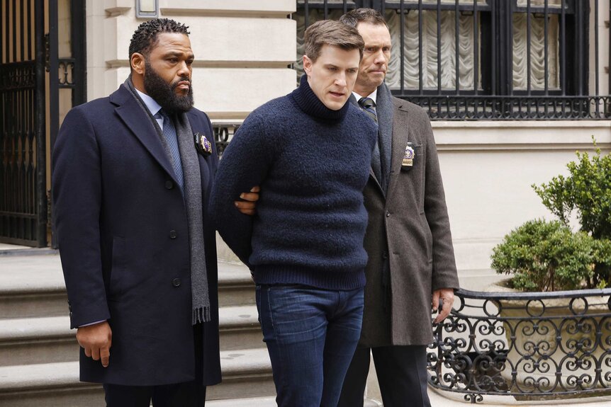 Det. Kevin Bernard (Anthony Anderson), Wyatt Ackman (Patrick Heusinger), and Det. Frank Cosgrove (Jeffrey Donovan) appear in a scene from Law & Order.