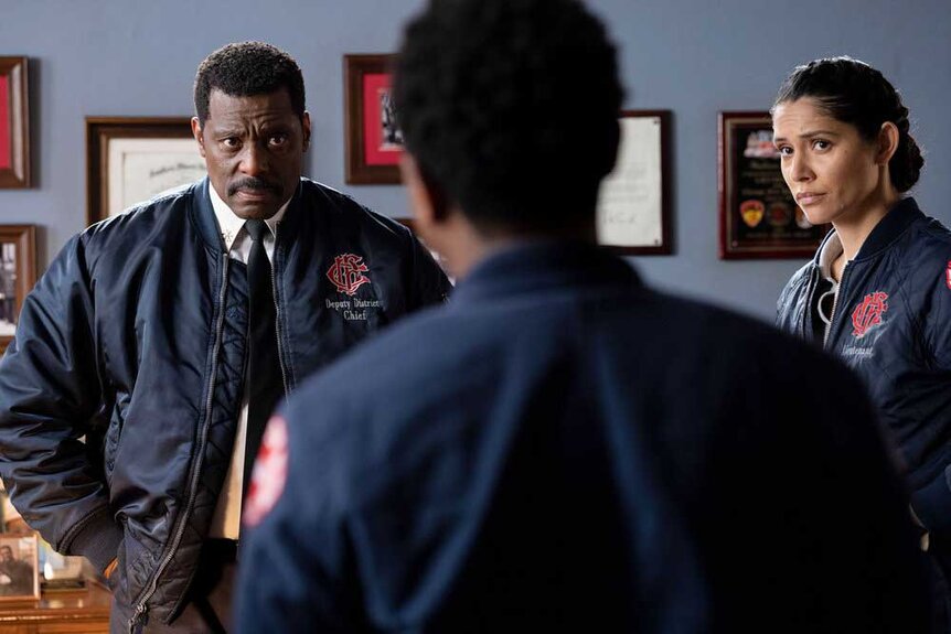 Wallace Boden (Eamonn Walker), Darren Ritter (Daniel Kyri) and Stella Kidd (Miranda Rae Mayo) appear in a scene from Chicago Fire.