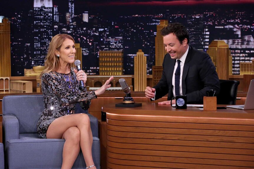 Celine Dion sings next to Jimmy Fallon.