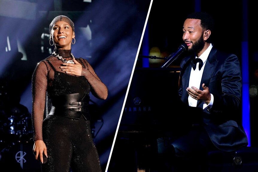 Split images of Alicia Keys and John Legend.