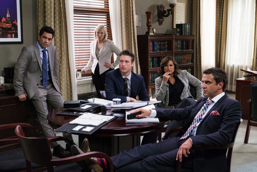 Detective Nick Amaro, Detective Amanda Rollins, Dominick "Sonny" Carisi, Detective Olivia Benson, A.D.A. Rafael Barba in a scene from Law & Order: Special Victims Unit.